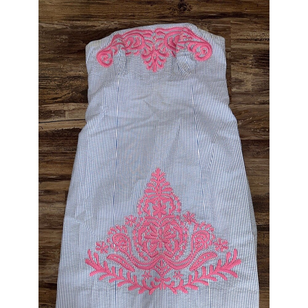 Vintage LILLY PULITZER Shift Dress Blue White Seersucker Pink Embroidery size 0
